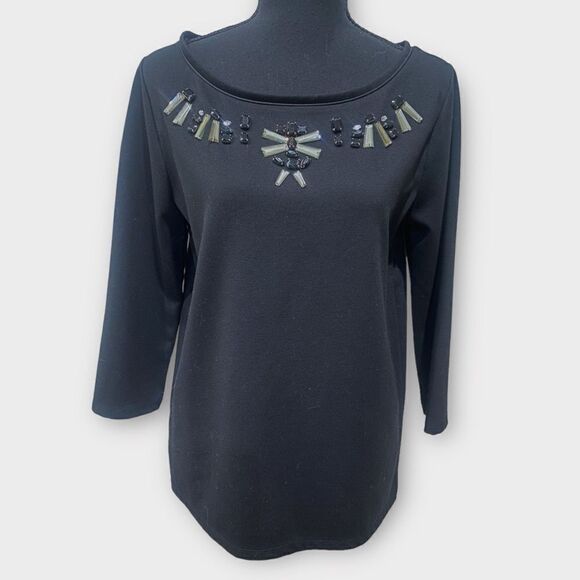 Ann Taylor Jewel Neck Black 3/4 sleeve blouse Size M - Picture 2 of 6